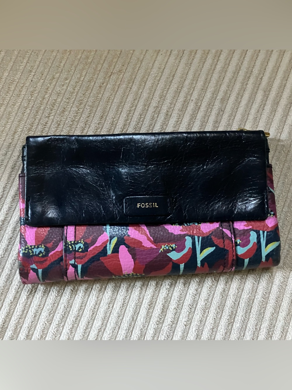Fossil Black Wallet with Pink Floral Accent